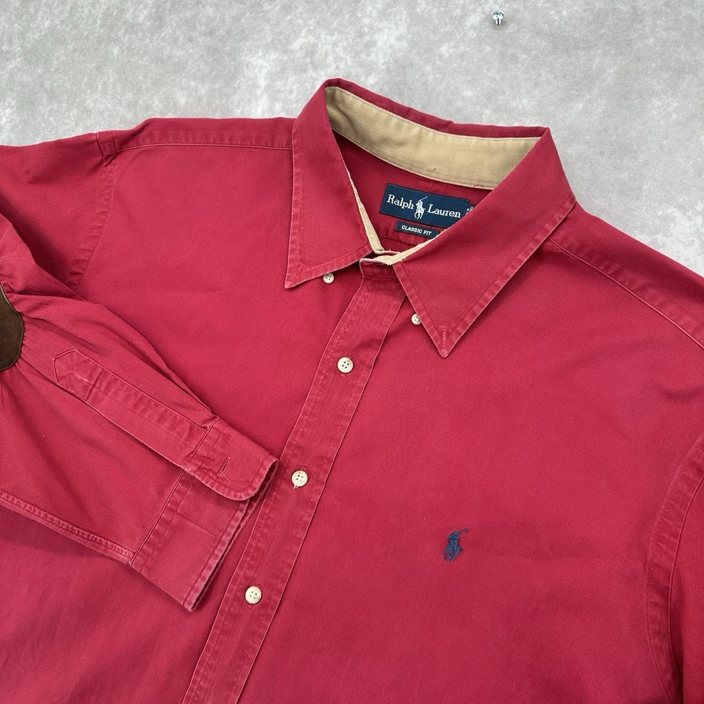 Ralph Lauren XXL Classic Fit Red Shirt Brown Leather Elbow Patches Polo Pony